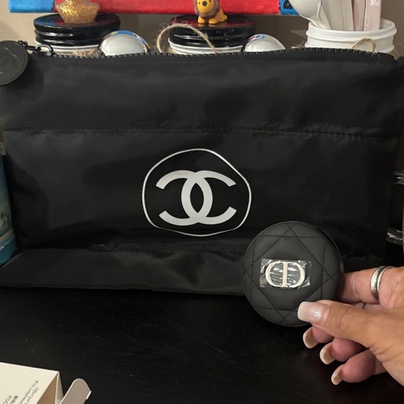CHANEL Handbags - CHANEL Large Black Logo Pouch and Dior  Quilted Compact mirror
